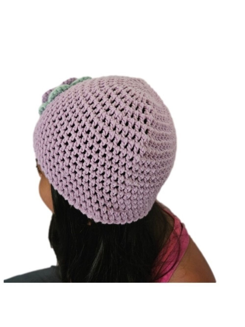 Hand Crafted upcycle crochet lavander Beanie handmade flower grannycore girl hat - Picture 4 of 17